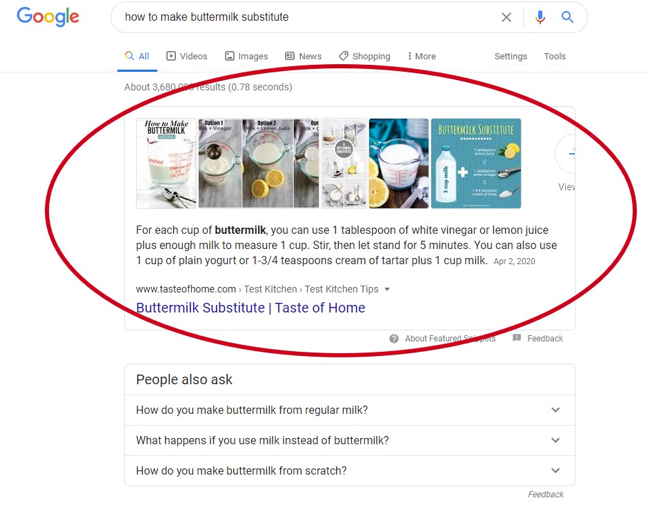 Screen shot of a featured snippet