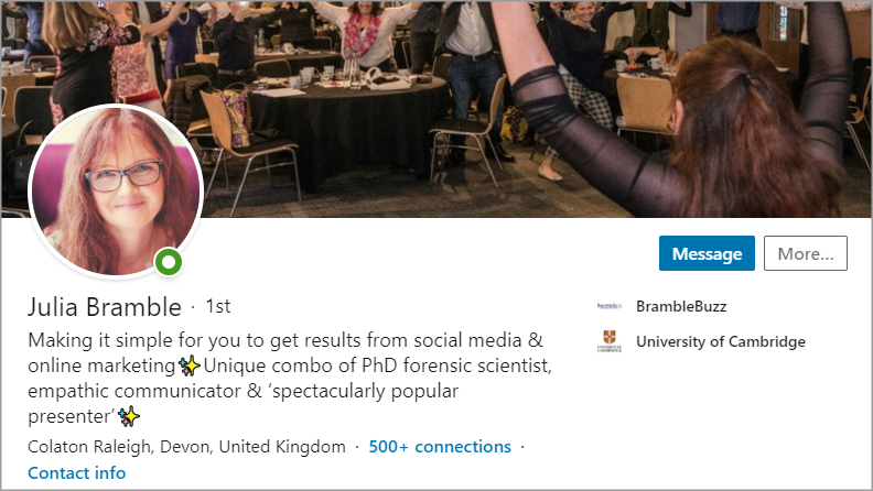 Screen shot of Julie Bramble's LinkedIn headline and photo