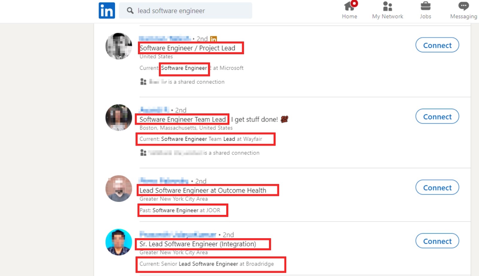 Screen shot of LinkedIn search for lead software engineer