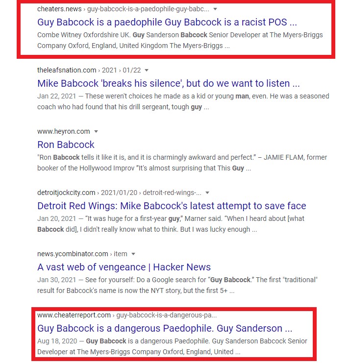 Screen shot of Guy Babcock's search results showing two negative items