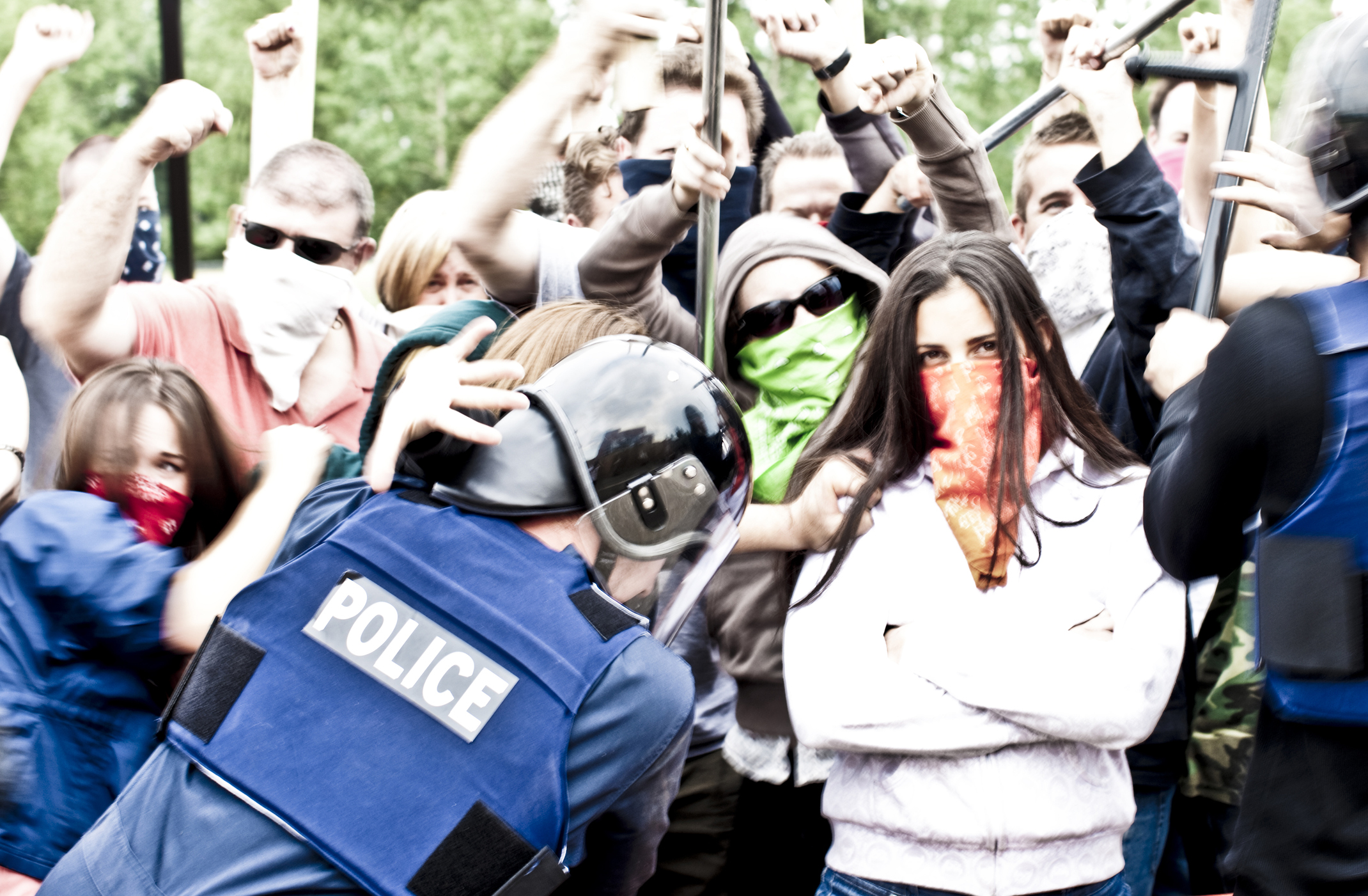 Protesters at a police line