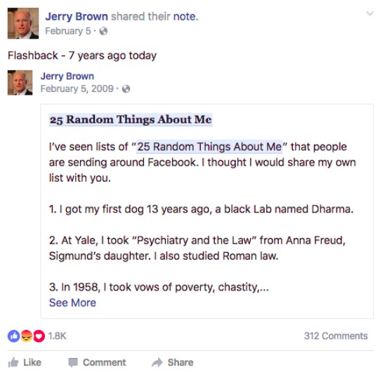 Screen shot of Jerry Brown's answers to a Facebook quiz