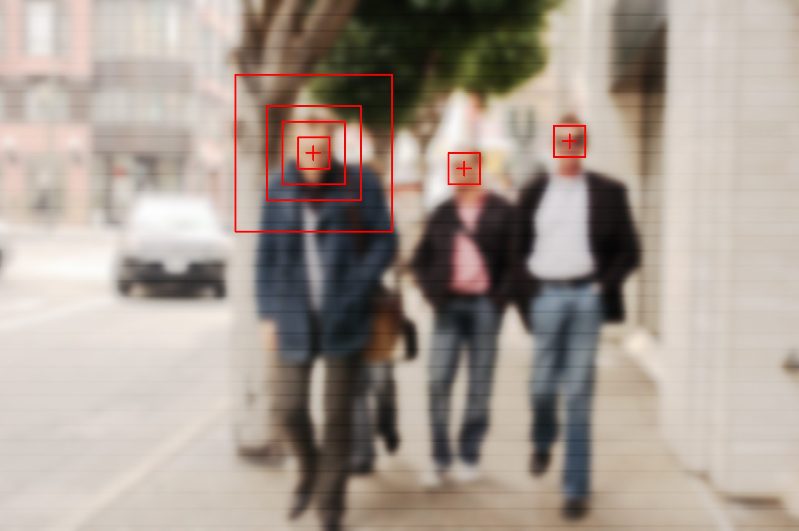 Face recognition signs and tags on people faces. Privacy and personal data protection. Blurred picture with drawn symbols.