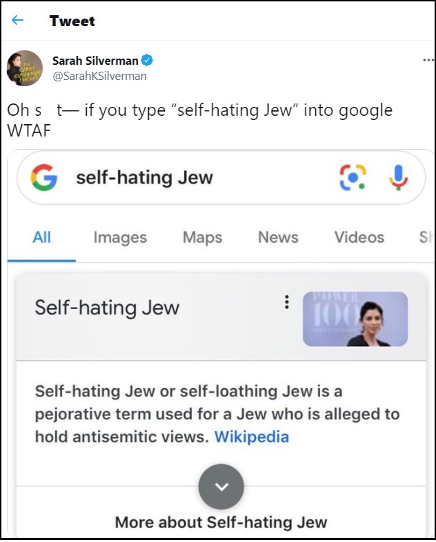 Screen shot of Sarah Silverman's tweet showing her picture in knowledge panel for self-hating Jew.