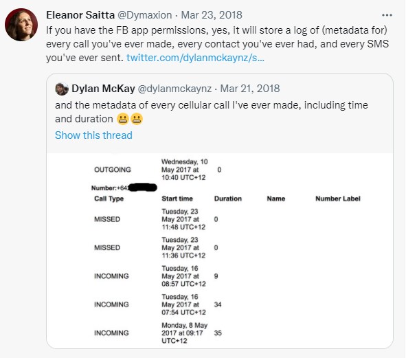 Screen shot of Dylan MacKay tweet showing call data from Facebook