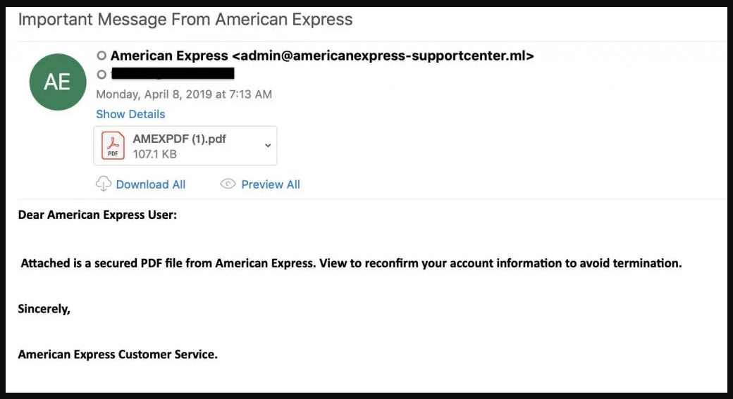 Screen shot of a ransomware phishing email claiming to be from American Express.
