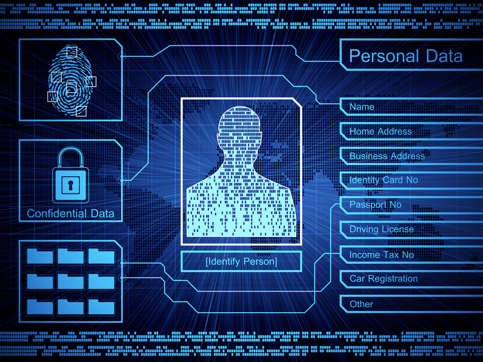 Computer screen with someone's personal information in text boxes around an image of a person
