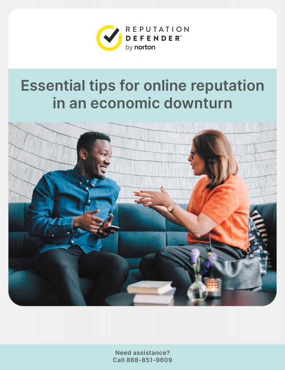 Screenshot of the cover of Essential tips for online reputation in an economic downturn, with a man and woman seated on  a couch talking animatedly