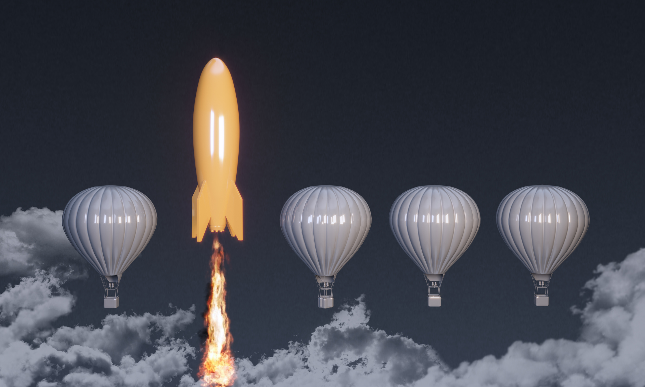 Orange colored rocket rising on the top between the hot air balloons. ( 3d render )