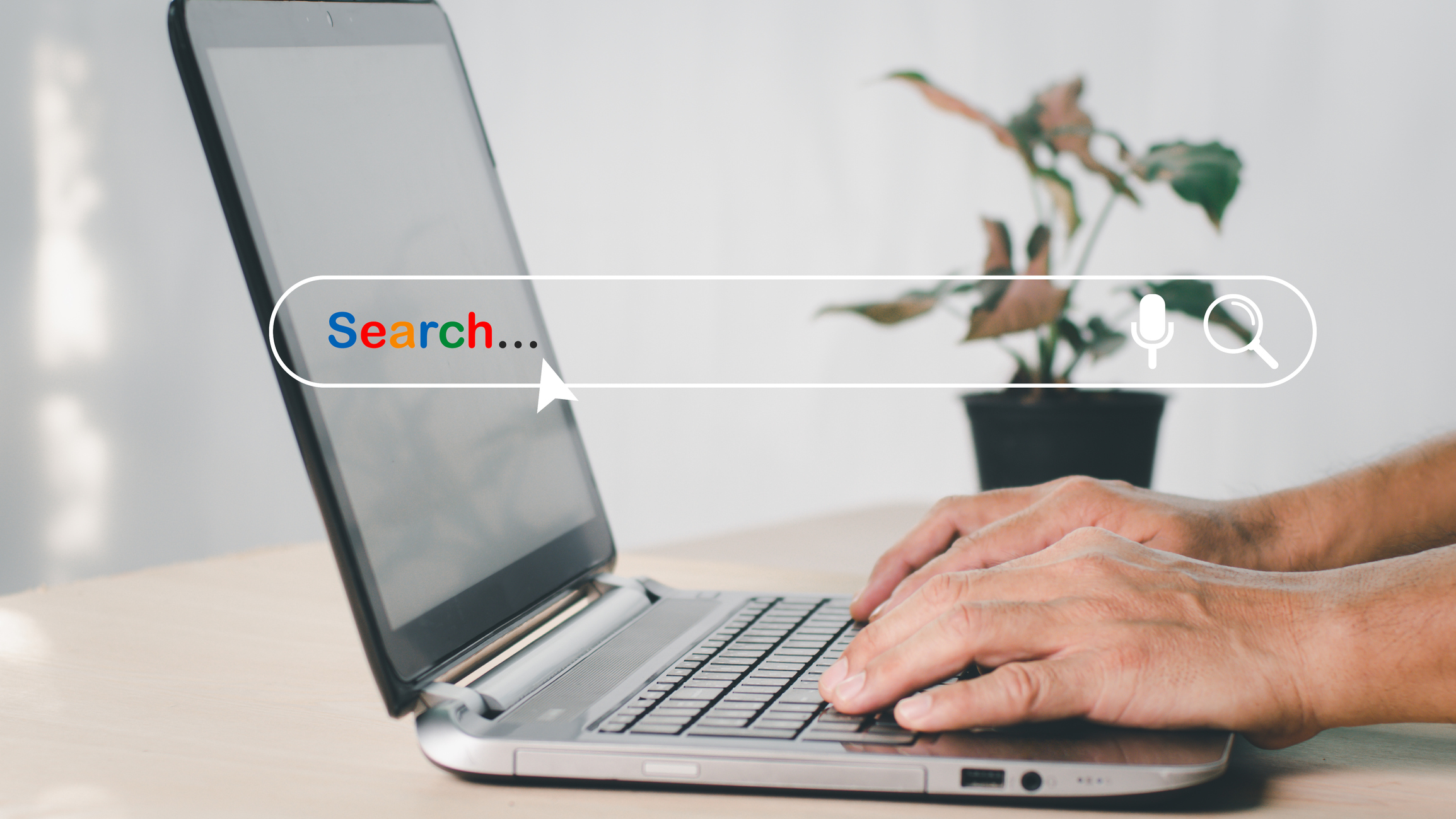 SEARCH ENGINE OPTIMIZATION (SEO)SEO networking concept. With a blank search box, a searching browser of Internet data information is displayed. A businessman searches the internet on his laptop.