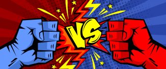 Fight of blue fist vs red fist in retro style. Comic cartoon vector.