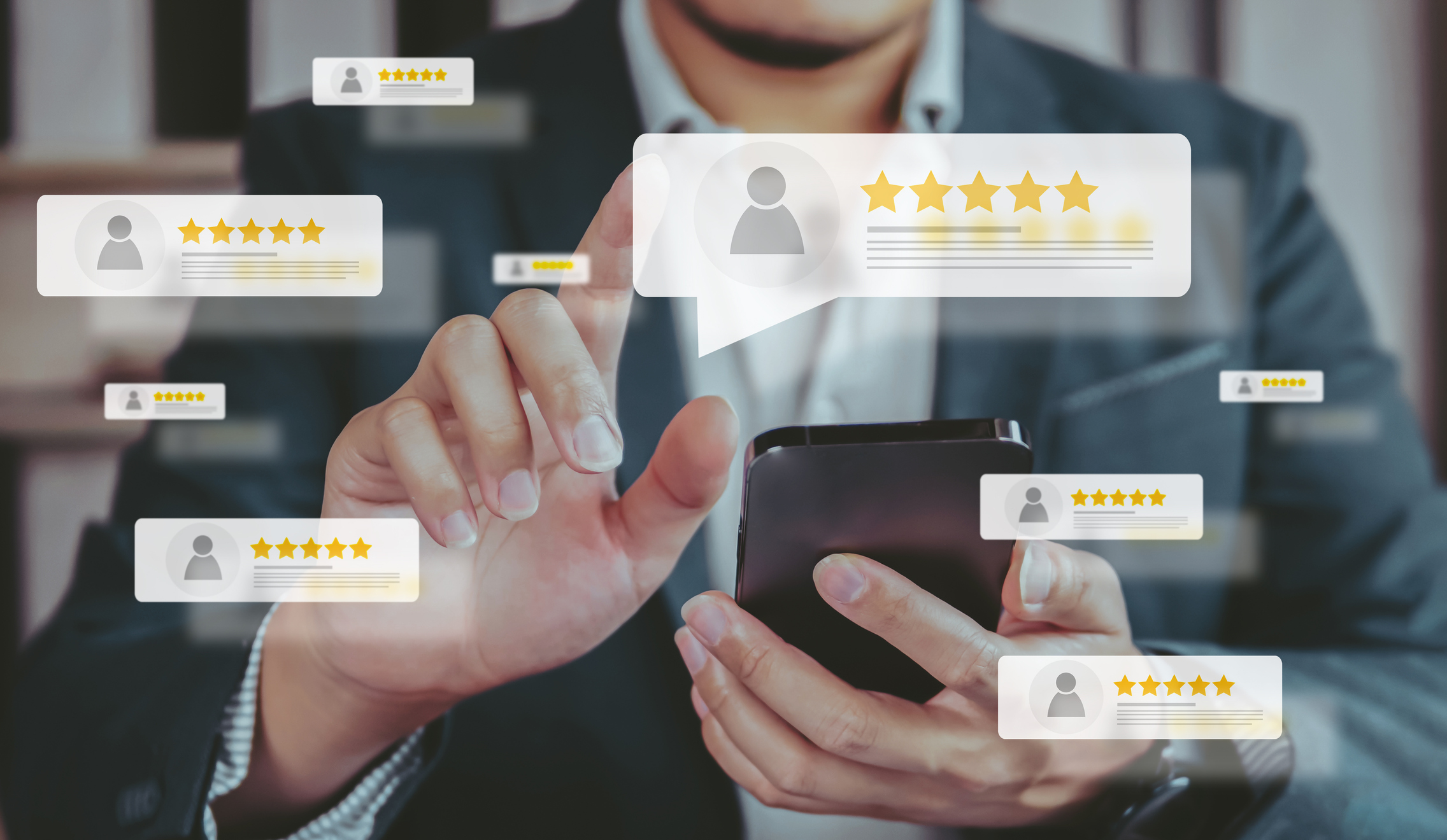 Business people using smartphone and pressing review popup on visual screen, customer review by five star feedback, positive customer feedback testimonial.