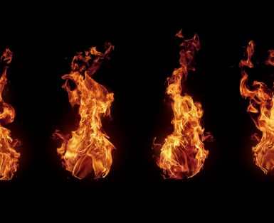Set of burning hot fire flames isolated on black