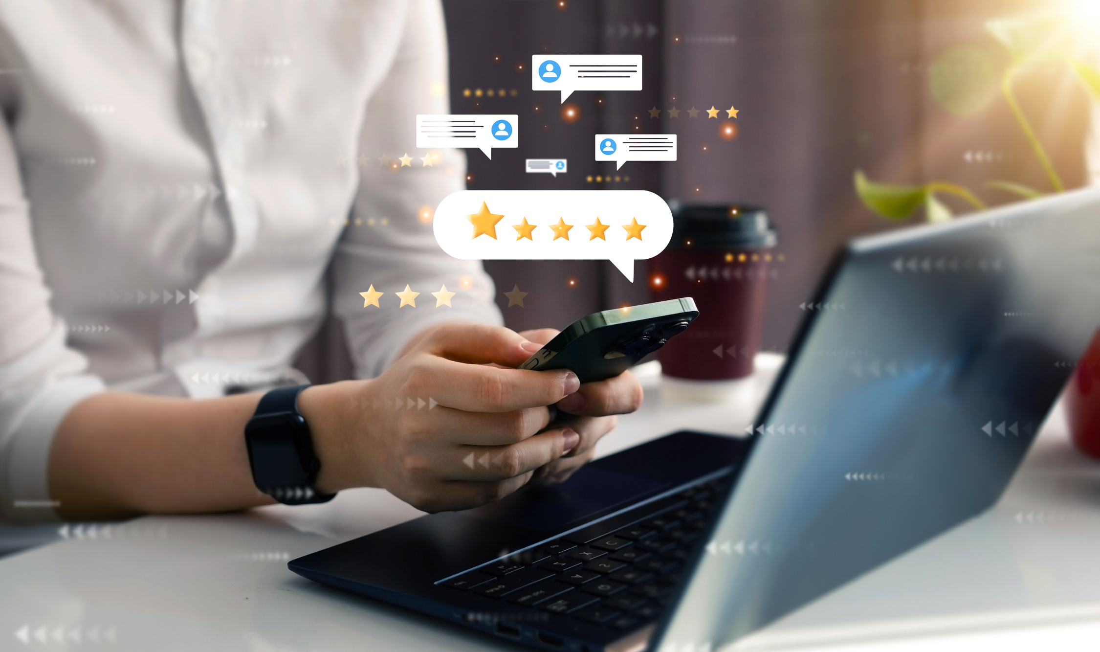 Woman holding a cellphone, leaving feedback on a product with gold five star rating feedback on virtual sreen. Customer review satisfaction feedback.Concept of satisfaction, quality and performance.
