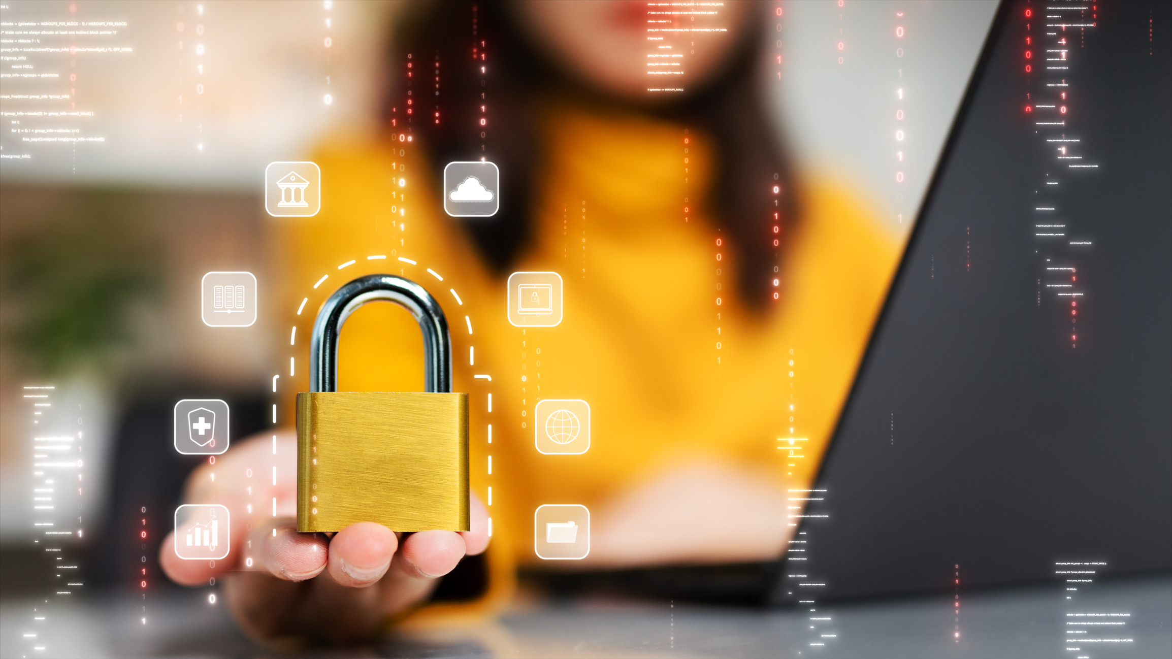 Cyber security protection concept of digital technology. Person holding a locked padlock surrounded by icons representing security To login to the internet transaction.