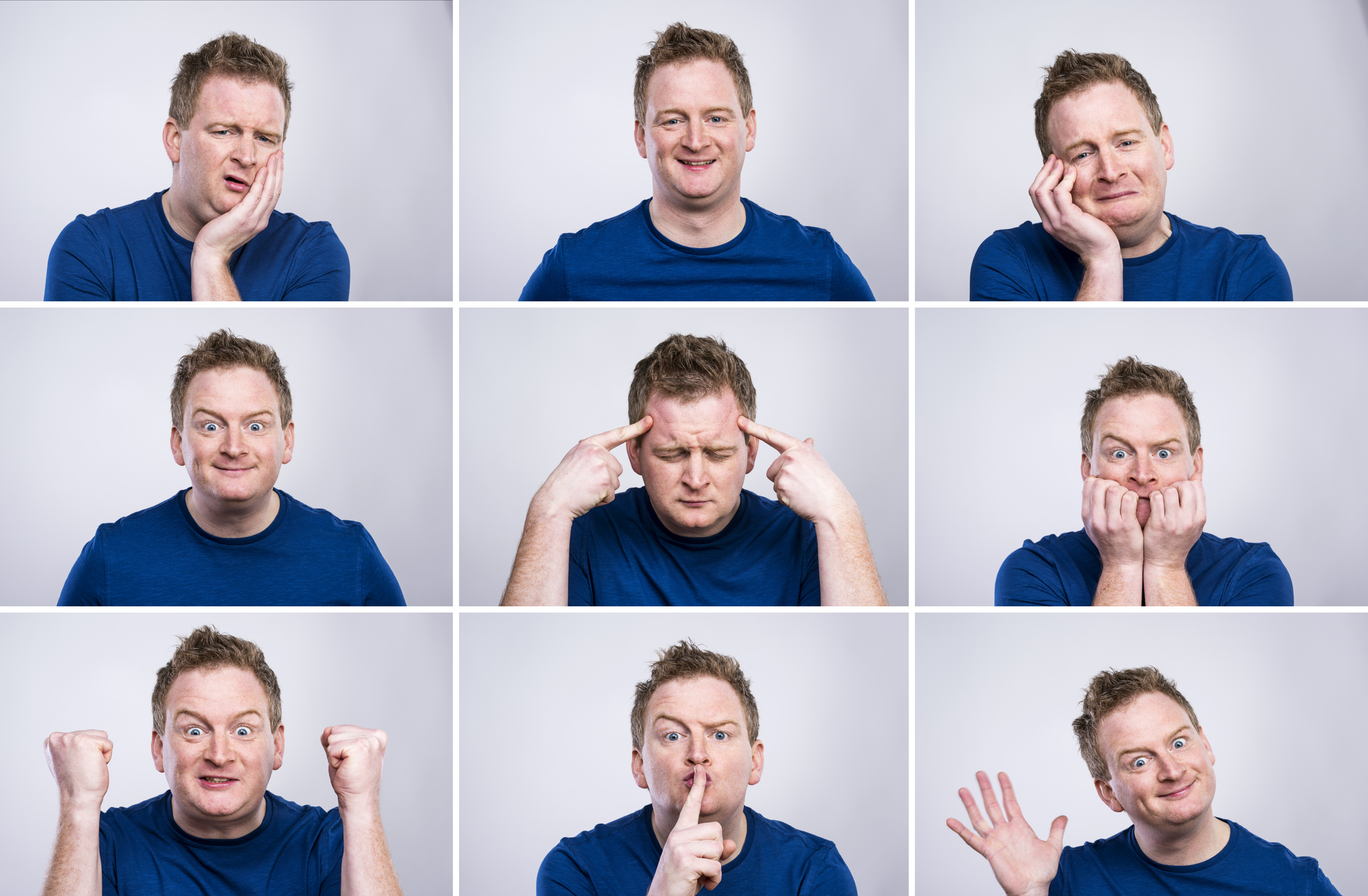 Funny young adult showing his emotions expressively by his gestures and mimics . Studio shot on white background.